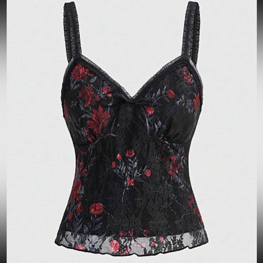 ROMWE Fairycore Women's Rose Lace Bow Decorated Camisole